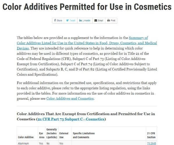 FDA color additives permitted for use in cosmetics table for Nurture Handmade products.