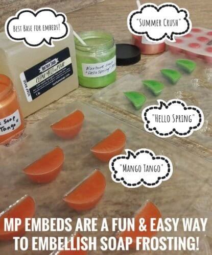 Examples of MP embeds like Summer Crush and Mango Tango to embellish soap frosting from Nurture Handmade.