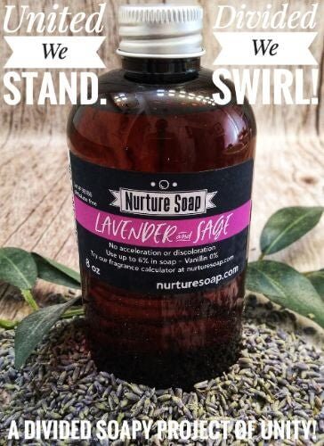 Nurture Soap Lavender and Sage bottle with green leaves, lavender buds, and text "United We Stand, Divided We Swirl" promoting handmade products.