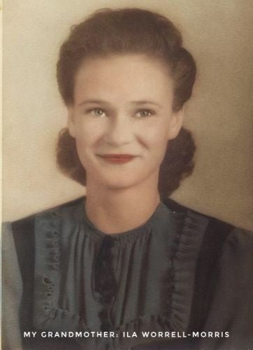 Vintage portrait of a woman in a blue dress with text "My Grandmother: Ila Worrell-Morris"