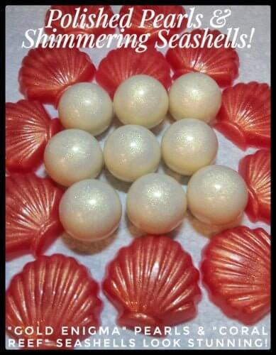 Polished pearls with shimmering red seashells labeled "Gold Enigma" pearls and "Coral Reef" seashells.