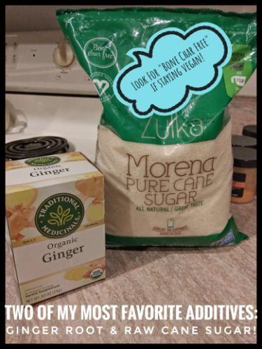 Organic ginger and Morena pure cane sugar additives on a kitchen counter with text "Two of my most favorite additives: ginger root & raw cane sugar!"