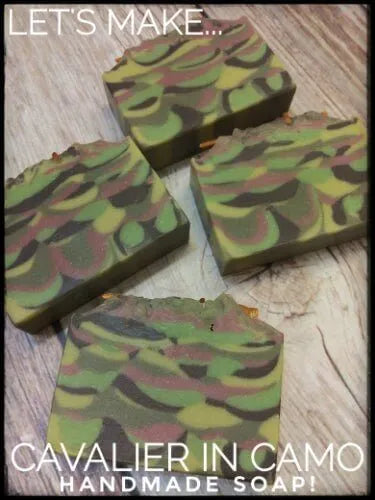 Colorful handmade camo soap bars with playful swirls, perfect for DIY enthusiasts.
