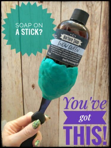 "Nurture Handmade soap bottle held on a stick with Playdoh, humorous text saying 'You've Got This!'"