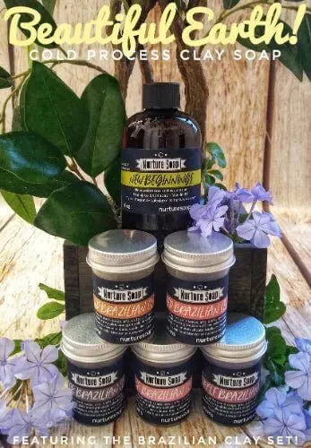 Beautiful Earth cold process clay soap display, featuring Brazilian clay soap set and natural elements.