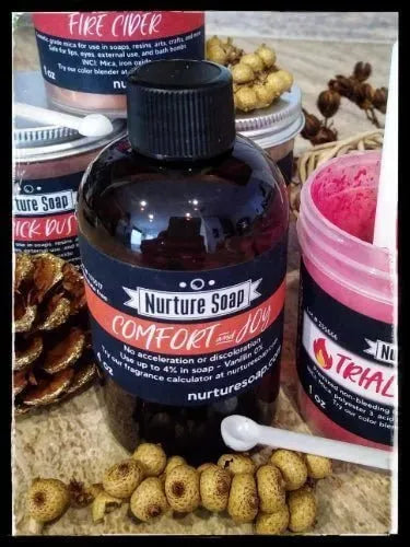 Nurture Soap products including Comfort and Joy fragrance and colorful soap bases for holiday crafting.