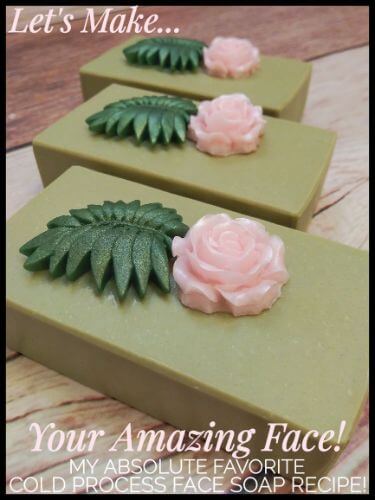 Handmade face soap with pink rose and green leaf design - Nurture Handmade cold process soap recipe.