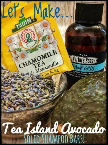Ingredients for making Tea Island Avocado solid shampoo bars, featuring chamomile tea, lavender, and avocado.