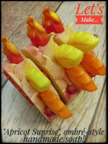 Vibrant handmade Apricot Sunrise ombré soap with colorful layers and intricate designs.