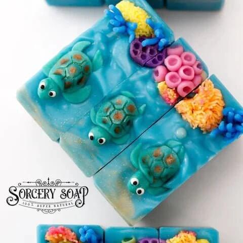 Sorcery Soaps turtle-themed handmade soap bars with colorful marine decorations from Nurture Handmade.