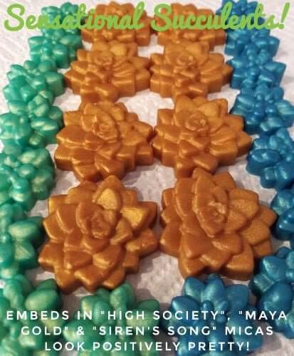 Succulent soap embeds made with "High Society," "Maya Gold," and "Siren's Song" micas in turquoise blue and gold colors.