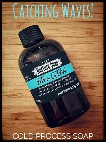Bottle of 8th And Ocean cold process soap from Nurture Soap, featuring a summer vibe label.