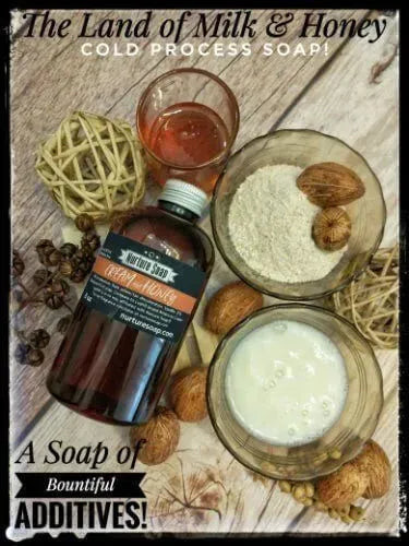 Ingredients for Land of Milk & Honey cold process soap with additives, featuring oils, milk, and natural elements.