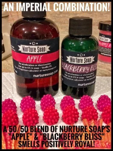 Nurture Soap's Apple and Blackberry Bliss fragrances for soap making, presented with colorful soap beads.
