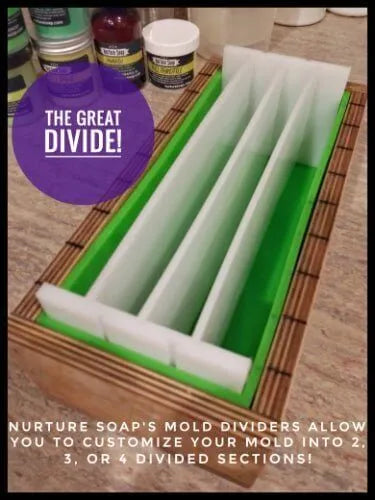 Nurture Soap's mold dividers create customizable soap sections for vibrant designs in 2, 3, or 4 divisions!
