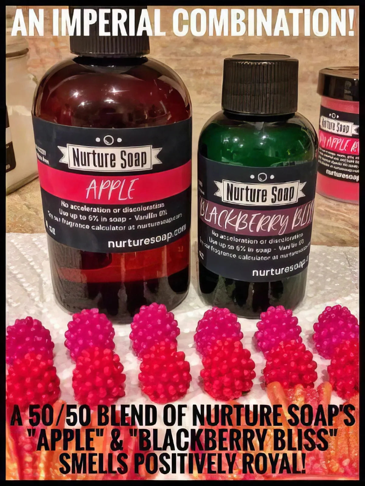 Apple and Blackberry fragrance bottles with pink raspberry-shaped soap embeds