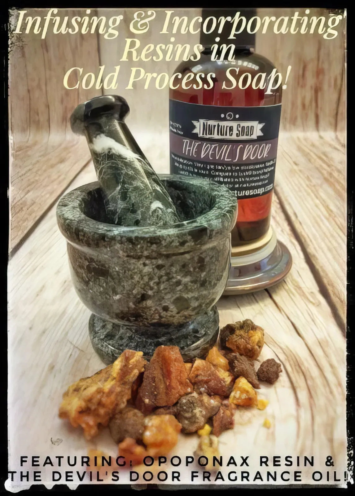Stone mortar and pestle with amber opoponax resin lumps and fragrance bottle