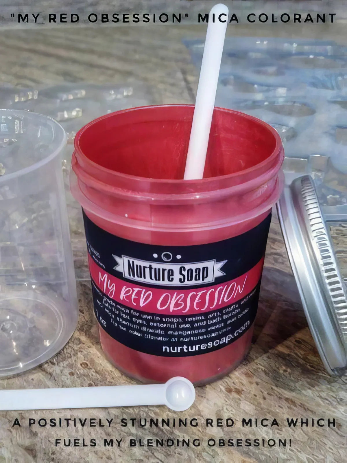 Jar of My Red Obsession red mica colorant with scoop