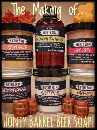Mica jars, fragrance bottle and copper barrel soap embeds for beer soap