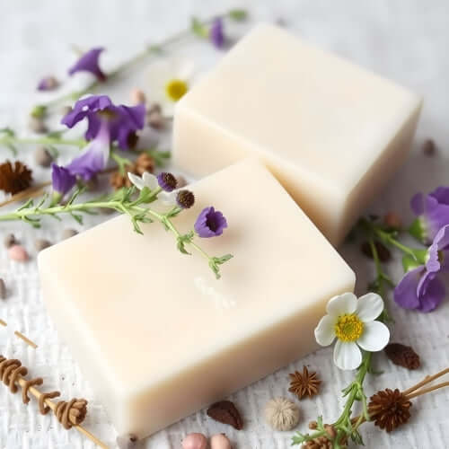 Two creamy off-white soap bars with purple and white flowers on textured surface