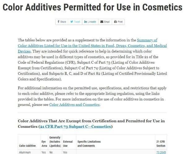 Screenshot of FDA page Color Additives Permitted for Use in Cosmetics