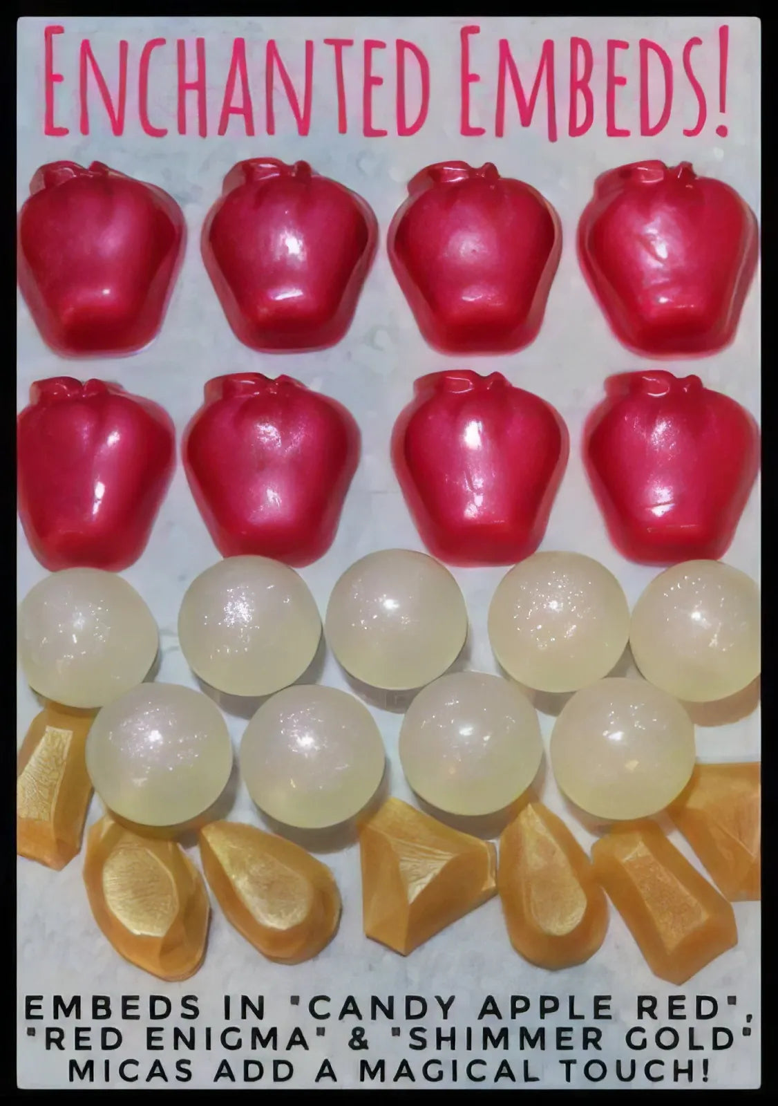 Red strawberry, pearly white and gold soap embeds, Enchanted Embeds caption