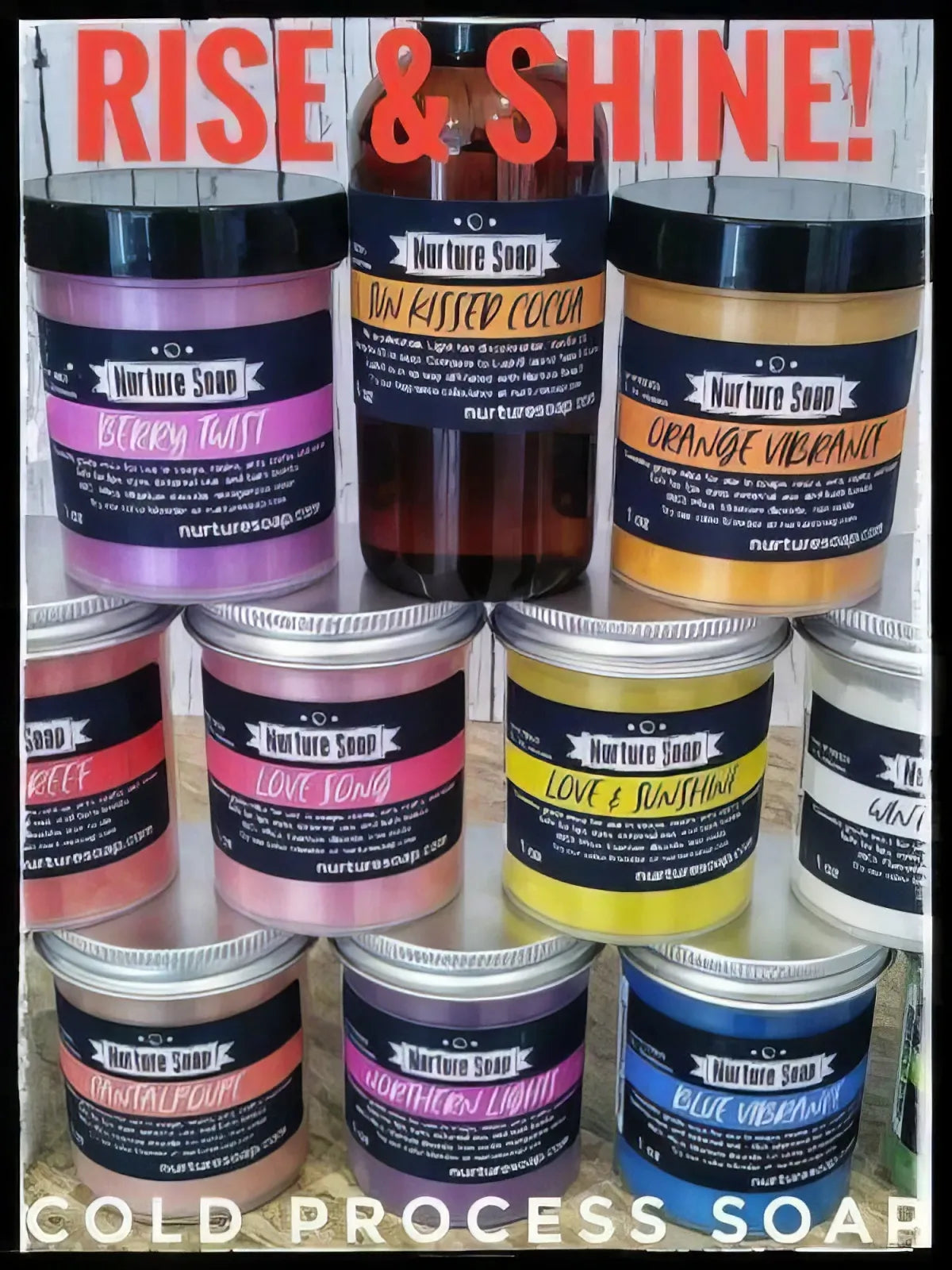 Stacked jars of pink, orange and blue mica, Rise and Shine caption