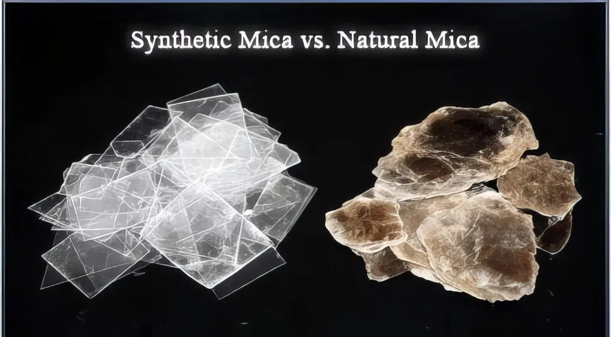 Title card: Synthetic Mica vs. Natural Mica, clear platelets beside brown flakes