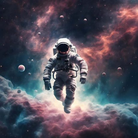 Astronaut floating in a colorful, star-filled space scene with nebula clouds and glowing planets