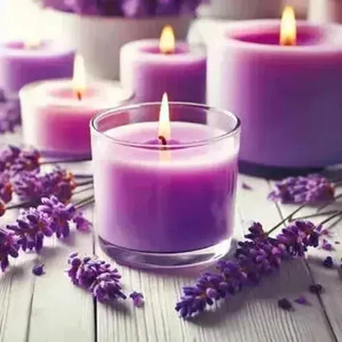 Beautiful lavender candles with fresh lavender flowers, showcasing premium wax, rich color, and a warm ambiance for candle making.