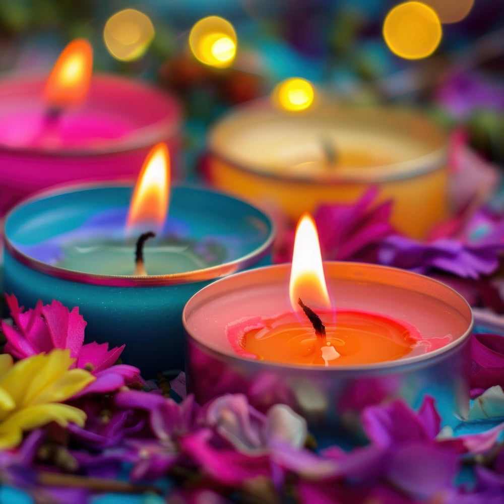 Four lit tealights in pink, teal, yellow and orange cups amid flowers