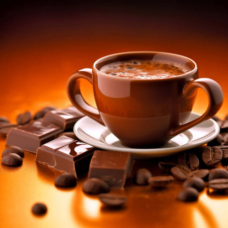 Cup of hot coffee surrounded by chocolate pieces and coffee beans on a warm-toned background.