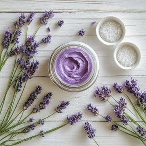 Lavender-infused body cream in a jar surrounded by lavender stems and small bowls of salt, perfect for skincare.
