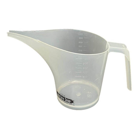 Clear plastic measuring pitcher with handle for soap making and crafting.