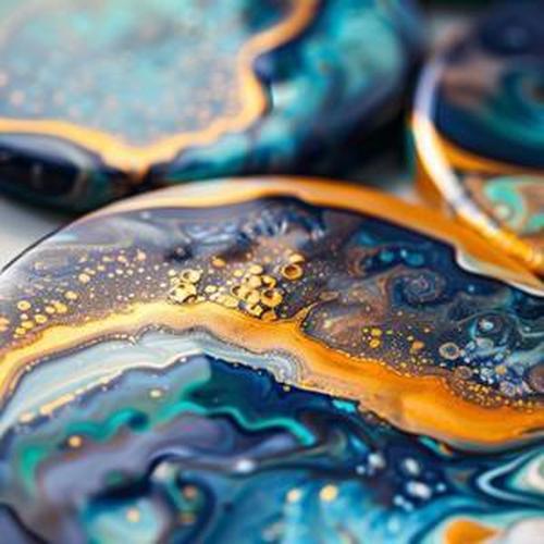Vibrant epoxy resin coasters featuring shimmering mica powder in deep blues and golds for artistic crafts.