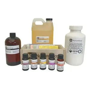Assorted soap making kit materials including oils, additives, and a base for beginners to craft successful soap.
