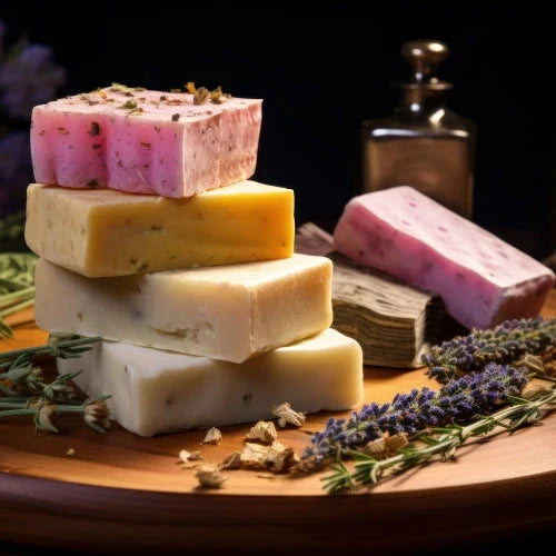 Stack of vibrant, handmade soaps with herbs and flowers, showcasing beautiful colors and textures against a dark backdrop.