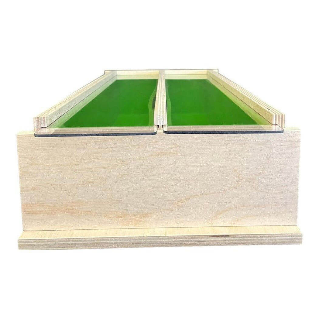 Wooden soap mold with green dividers for handmade soap making from Nurture Handmade.