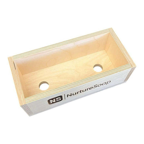 Wooden soap mold with Nurture Soap branding, ideal for handmade soap making, featuring two bottom holes for easy removal.