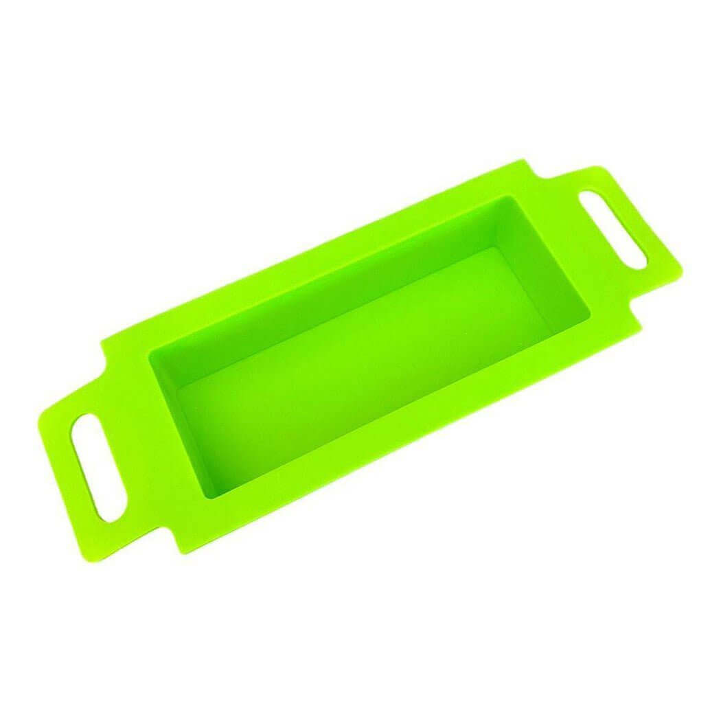 Green rectangular silicone mold with handles for Nurture Handmade soap or craft making.