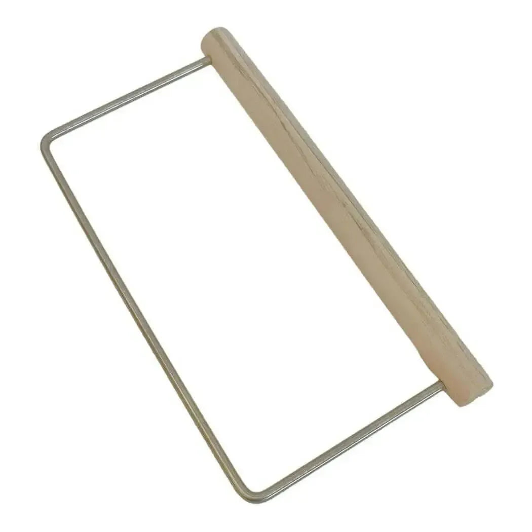 Hanger swirl tool for 2.5 lb mold with wooden handle and metal frame