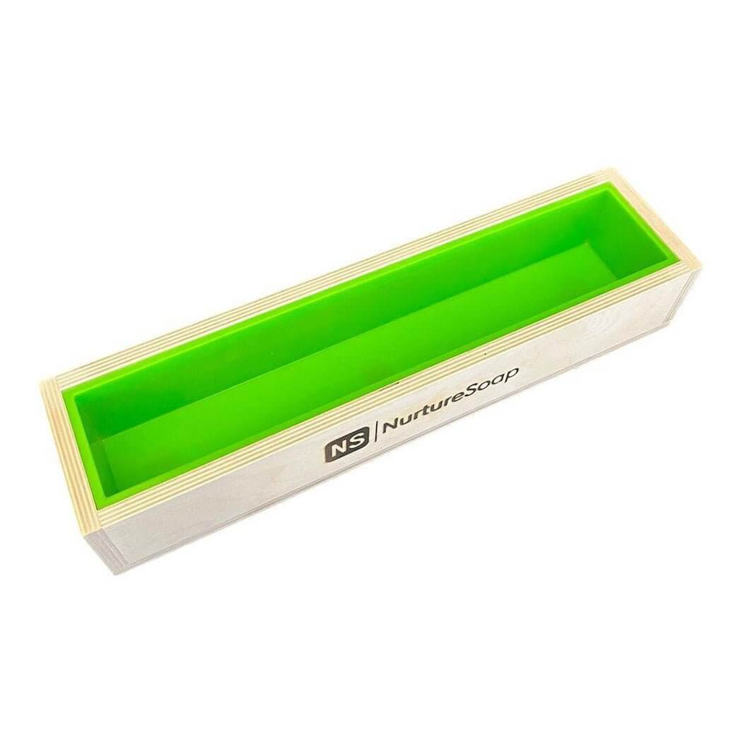 Green rectangular silicone soap mold by Nurture Soap for handmade soap making. Ideal for crafting unique, custom soap bars.