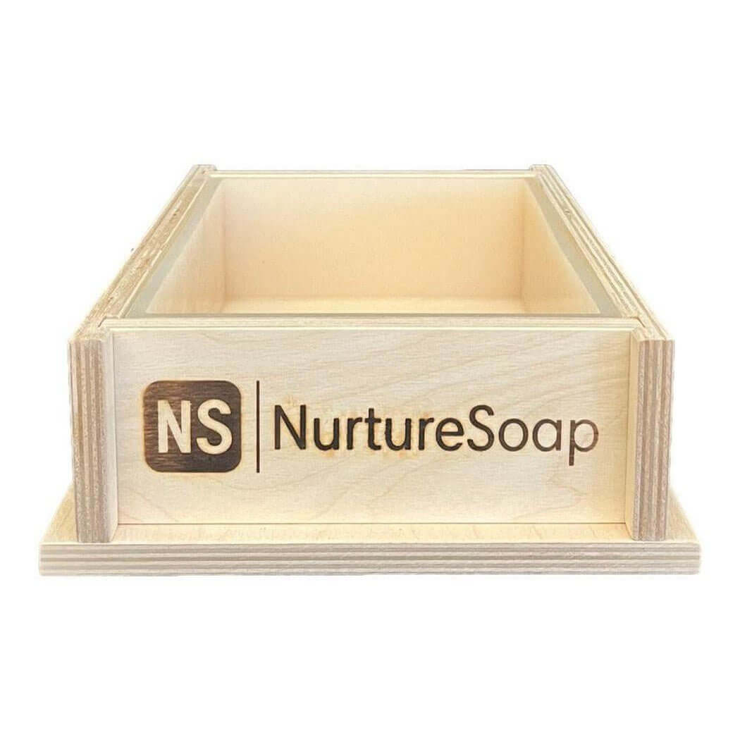 Wooden Nurture Soap box with company logo, perfect for storing handmade soap supplies.