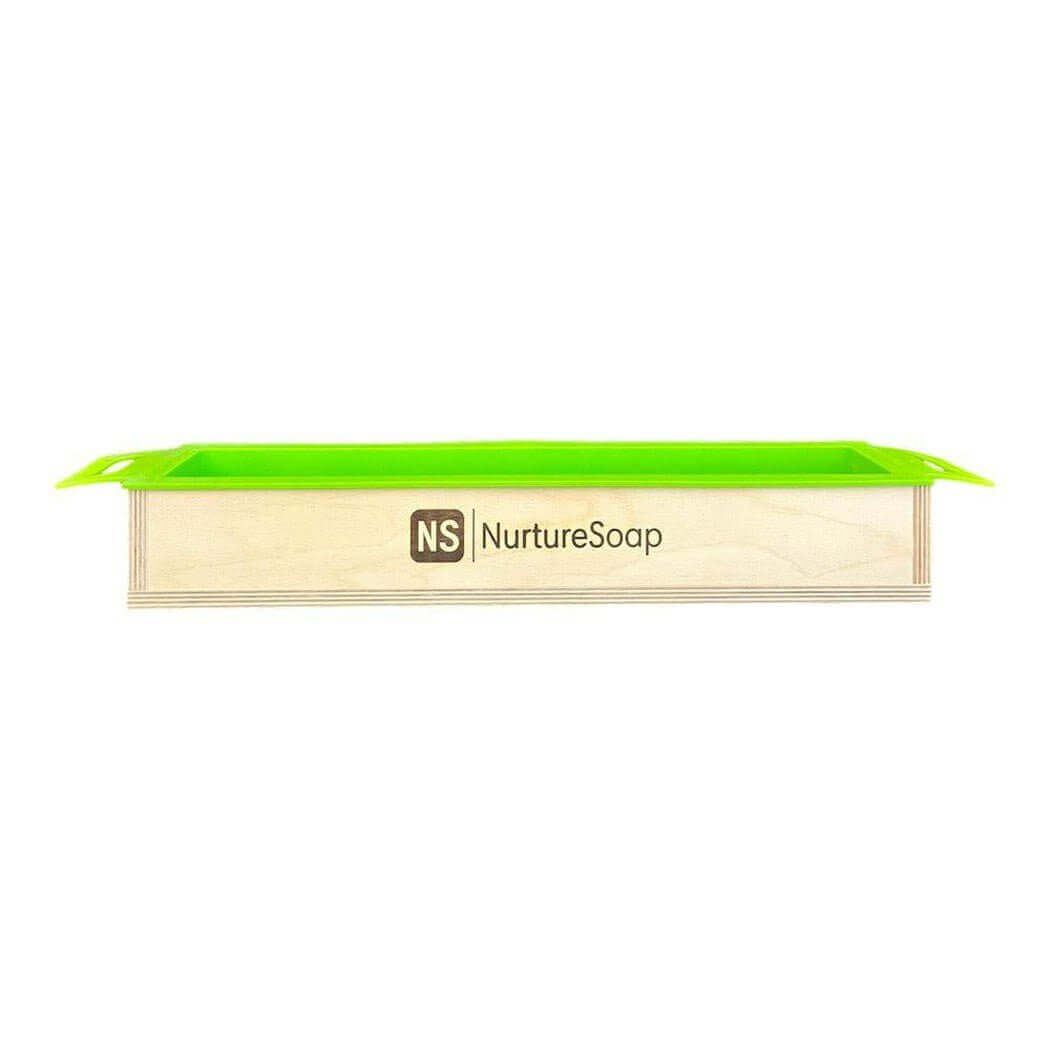 Nurture Handmade soap mold with green silicone liner, featuring the NurtureSoap logo. Perfect for creating handmade soaps.