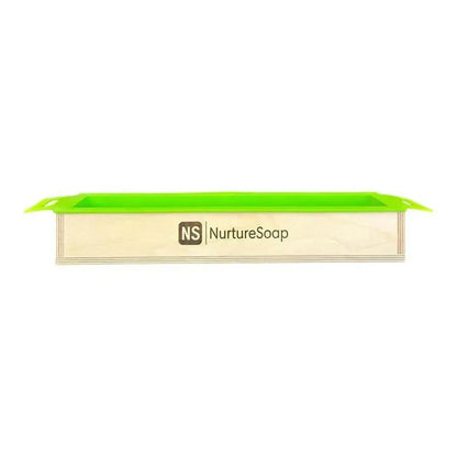 5 lb Basic Handle Soap Mold with green silicone liner for easy soap removal and clean wood surface.