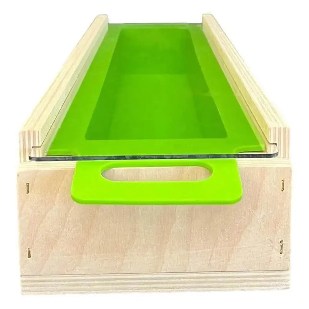 5 lb premium soap mold with green silicone liner handles for easy removal and clean wooden sides.