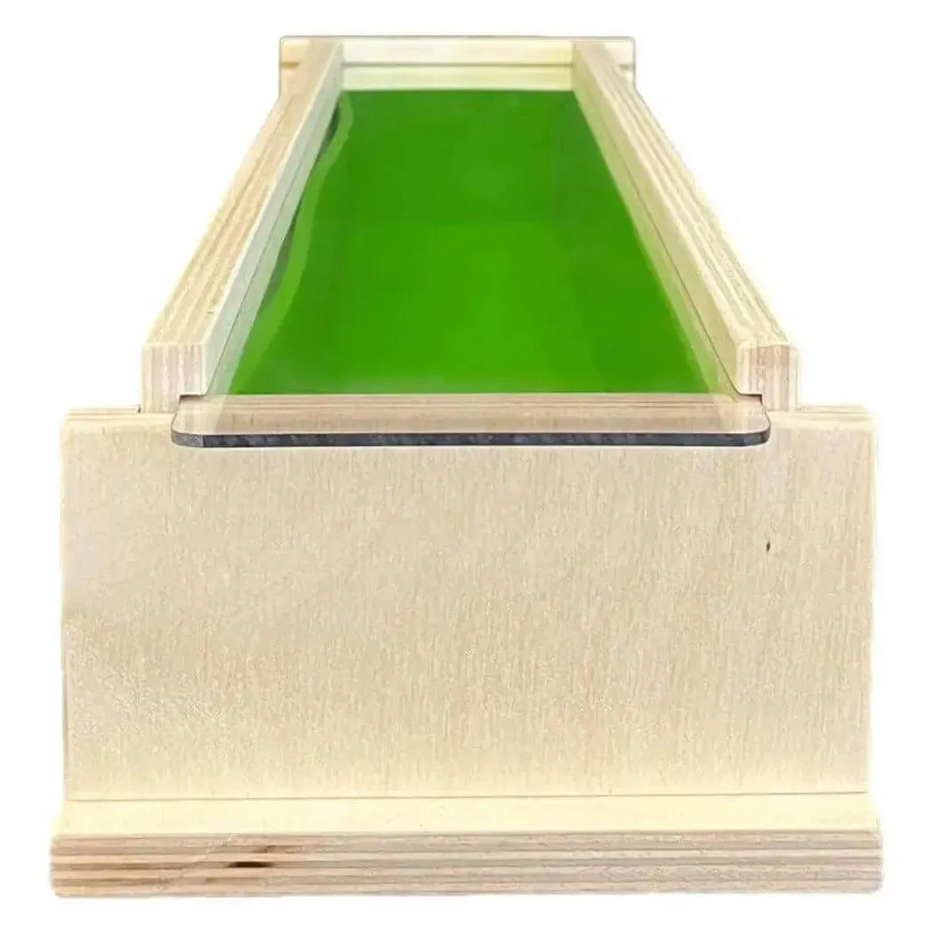 5 lb premium soap mold with removable sides, clear lid, and vibrant green soap interior for easy monitoring during saponification.