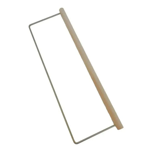 Hanger swirl tool with wood handle and stainless steel rod for creating beautiful soap swirls.