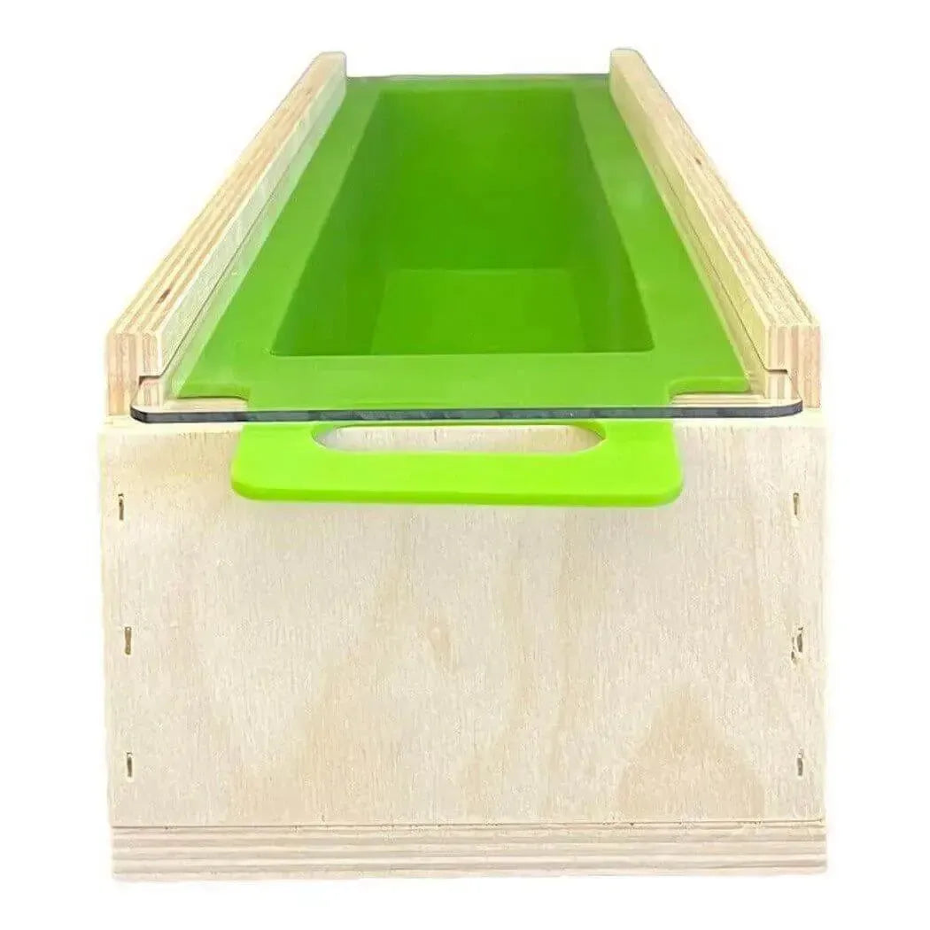 7.5 lb Premium Handle Soap Mold with bright green silicone insert in light wood box