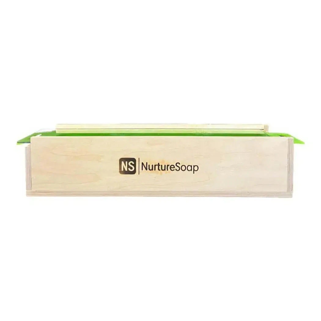 7.5 lb premium handle soap mold in light wood with green accents and nurturesoap branding